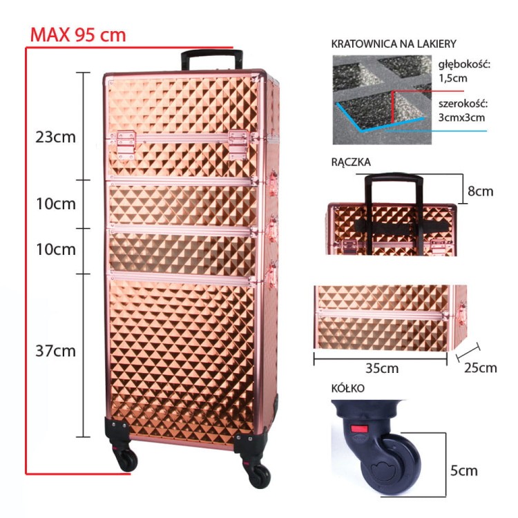 Kuferek kosmetyczny XXXL 4w1 walizka na kółkach obrotowych 360 stopni - Diamond 3D rose golden (okucia rose golden).jpg