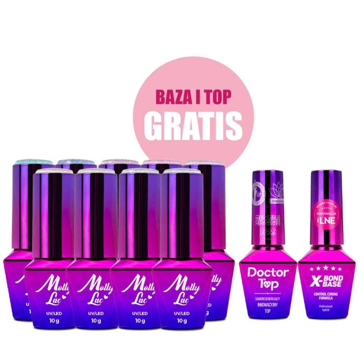 Zestaw 9 kolorów Mermaid Whispers MollyLac + baza i top GRATIS (X-Bond Base, Doctor Top).jpg