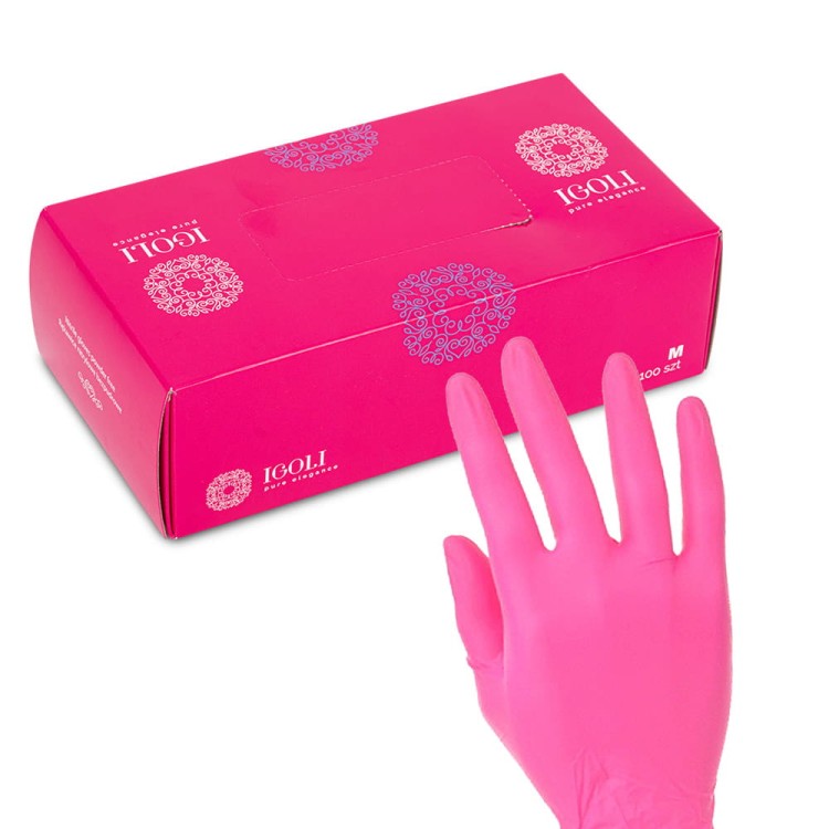 Rękawiczki jednorazowe nitrylowe diagnostyczne i ochronne IGOLI rozmiar M fuksja 100 szt 1.jpg