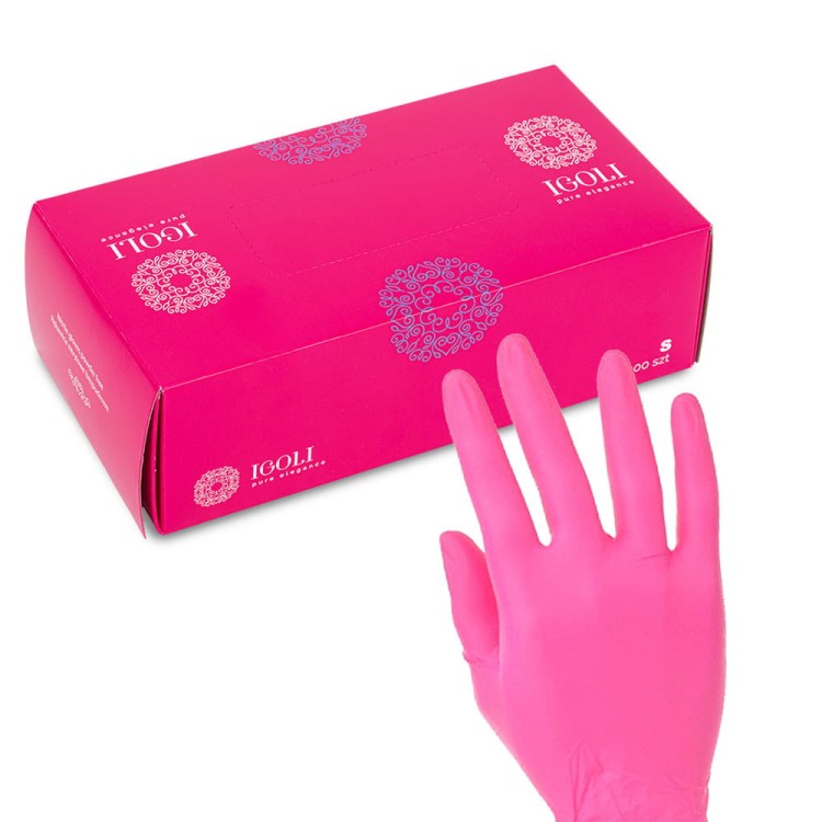 Rękawiczki jednorazowe nitrylowe diagnostyczne i ochronne IGOLI rozmiar S fuksja 100 szt 1.jpg
