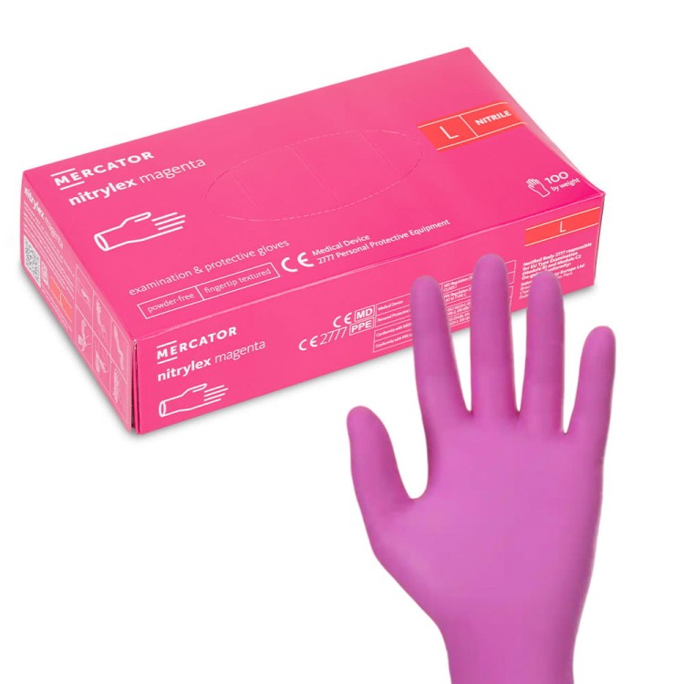 Rękawiczki jednorazowe nitrylowe diagnostyczne i ochronne Mercator rozmiar L magenta 100 szt 1.jpg