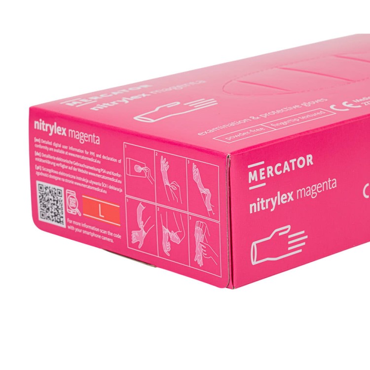 Rękawiczki jednorazowe nitrylowe diagnostyczne i ochronne Mercator rozmiar L magenta 100 szt 2.jpg