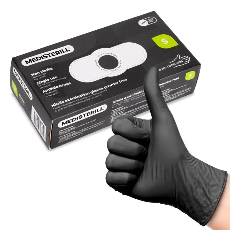 Rękawiczki jednorazowe nitrylowe diagnostyczne bezpudrowe black Medisterill S 100szt 1.jpg