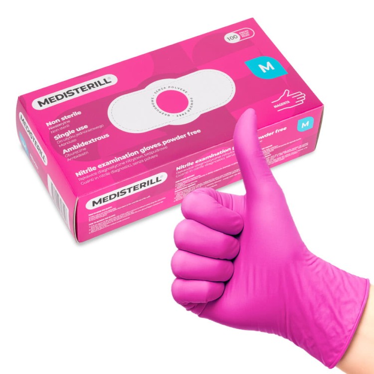Rękawiczki jednorazowe nitrylowe diagnostyczne bezpudrowe magenta Medisterill M 100szt 1.jpg