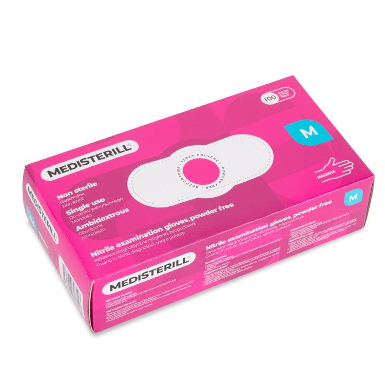 Rękawiczki jednorazowe nitrylowe diagnostyczne bezpudrowe magenta Medisterill M 100szt 4.jpg