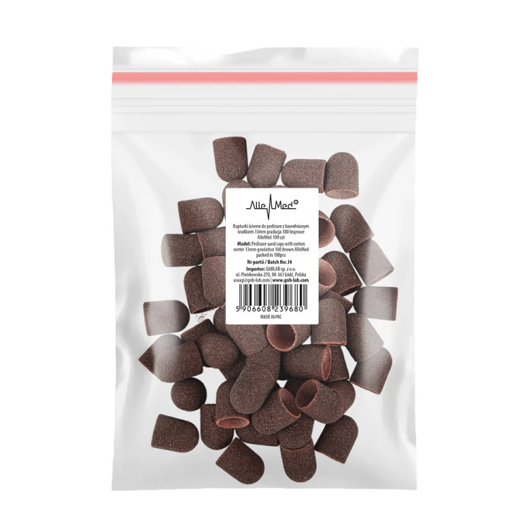 Kapturki ścierne do pedicure z bawełnianym środkiem 13mm gradacja 180 brązowe AlleMed 100 szt (3).jpg