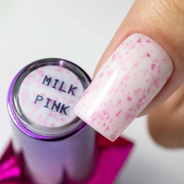 Mleczna baza kauczukowa z różowo metalicznymi płatkami Flakes Rubber Base Milk&Pink Molly Nails HEMADi-HEMA Free 10 gram (2).jpg