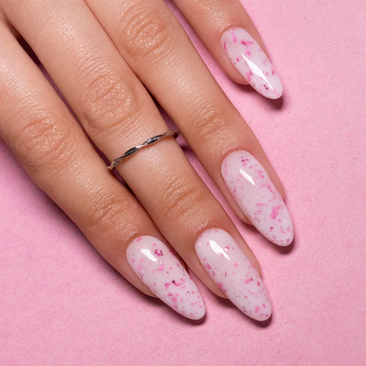 Mleczna baza kauczukowa z różowo metalicznymi płatkami Flakes Rubber Base Milk&Pink Molly Nails HEMADi-HEMA Free 10 gram (6).jpg