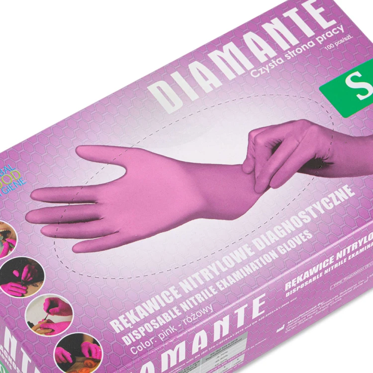 Rękawiczki jednorazowe nitrylowe diagnostyczne i ochronne Diamante rozmiar S różowe 100 szt 3.jpg