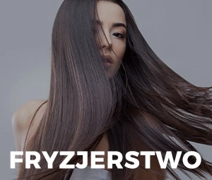 portret kobiety z ciemnymi, lśniącymi włosami, pod spodem biały napis "fryzjerstwo"