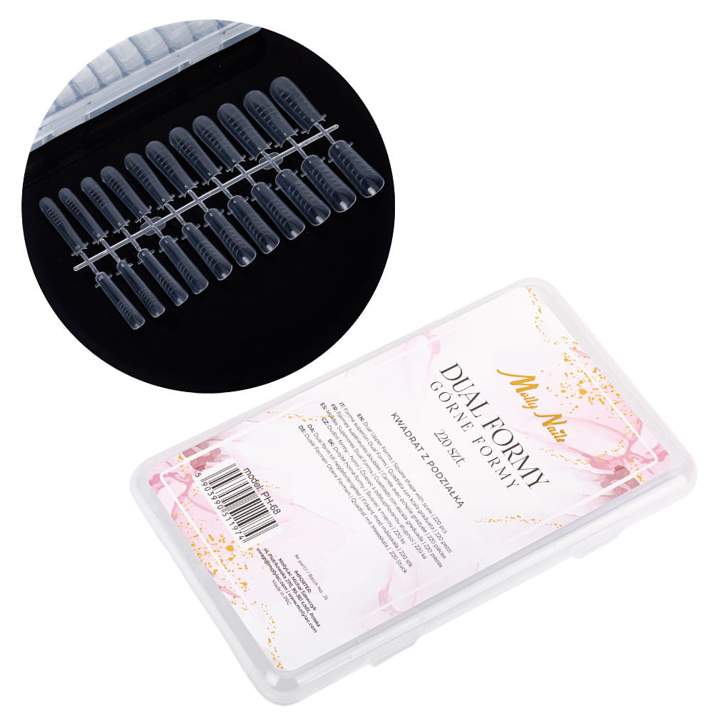 Górne formy do paznokci dualformy do żelu akrylożelu akrylu kwadrat z podziałką Molly Nails 220 szt model PH-68 1.jpg